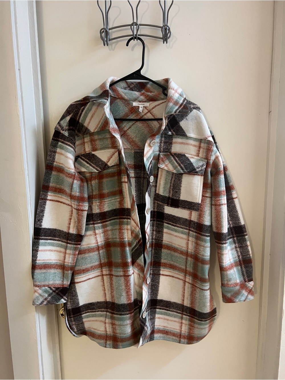 Maurices Plaid Shacket in Sage, white & burnt orange
